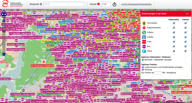 ...oder zusammen mit dem Ziel anzeigen. In dem Zoom-Bereich wird es arg unübersichtlich. (VBB/cc-by-sa 2.0 Openstreetmap.org/Screenshot: Golem.de)